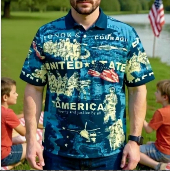 Patriotic Blue Graphic Polo Shirt - Picture 1 of 8